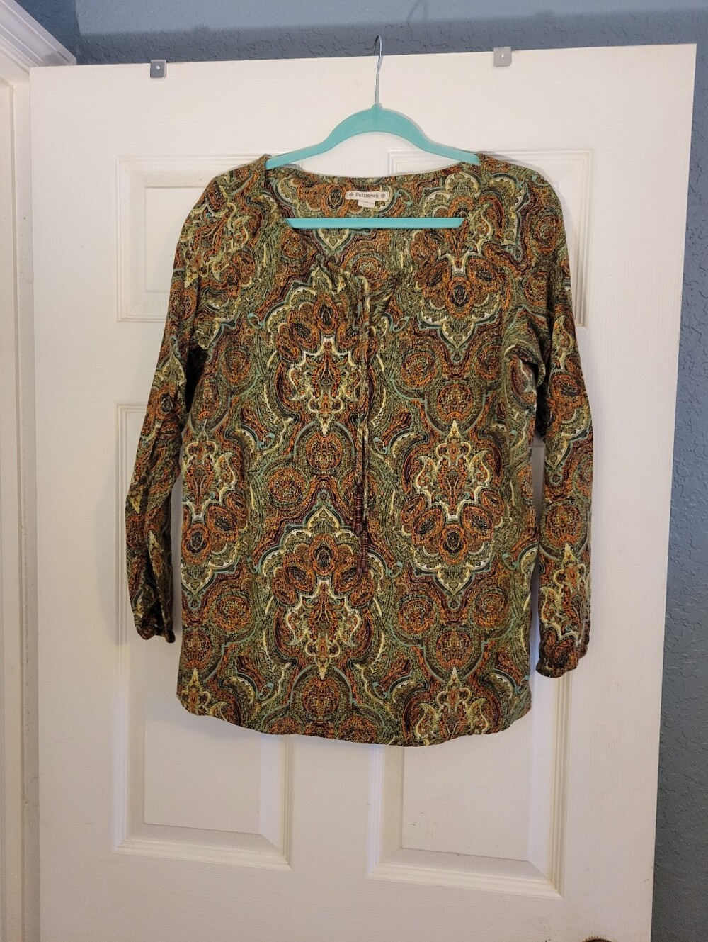 Share Ruff Hewn Green Paisley Peasant Blouse Size Small Women's Tunic Top Boho G